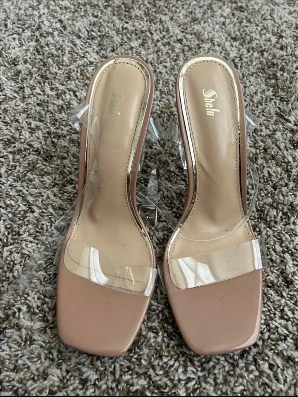 Clear Strap Block Heel Sandals in Nude